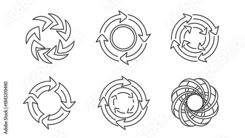 Collection of six distinct black and white line art icons representing circular flow arrows and continuous process cycles