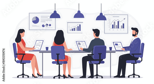Illustration of a business team having a meeting around a table in an office setting