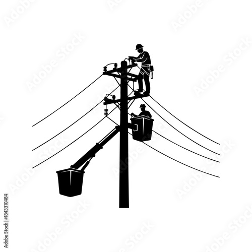 Linemen Working on Power Pole Silhouette, Electricity Maintenance and Service