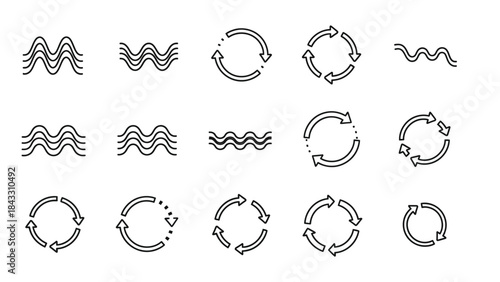 Collection of black line icons representing water waves and various circular refresh or recycle arrow symbols for design