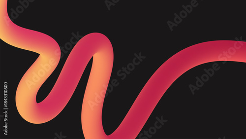 Trendy 3d abstract flow shape with orange neon gradient tube on dark background