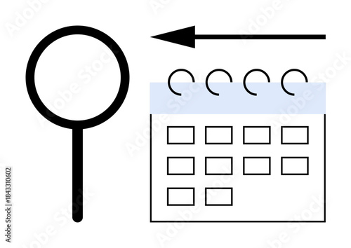 Time management concept. Magnifying glass and calendar highlight planning and deadlines while the arrow progress. Time management improves task organization, productivity, and planning. For business