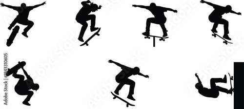 Skier silhouette set, man skiing down mountain slope, winter sport, snow, downhill ski, recreation, extreme cold weather activity