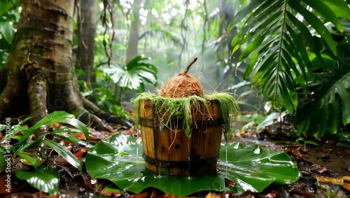 Tropical Jungle Setting with Traditional Kava Drink Preparation.