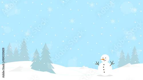 Pine Trees And Snowman In The Snowfall And Clear Blue Sky