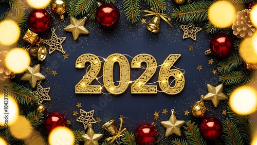 A festive Christmas and New Year decoration featuring a shimmering golden “2026” as the centerpiece.