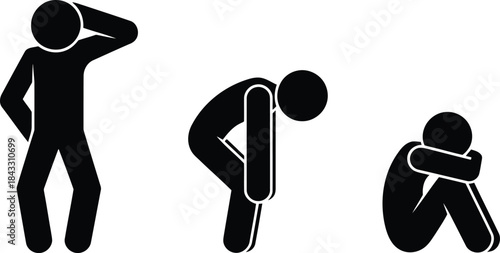 Three black stick figures showing emotions of sadness stress and despair on a white background