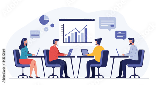 Illustration depicting a team of customer service representatives working with data analysis