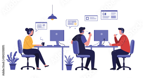 Illustration depicting a customer service team working in a modern and collaborative office
