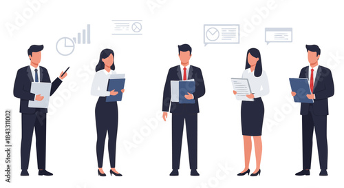 Group of business professionals in formal attire with documents and analytical diagrams