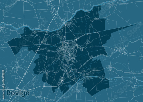 Map of Rovigo, Italy. The map is rendered in shades of blue, with darker blue representing the city's boundaries and lighter shades indicating surrounding areas.