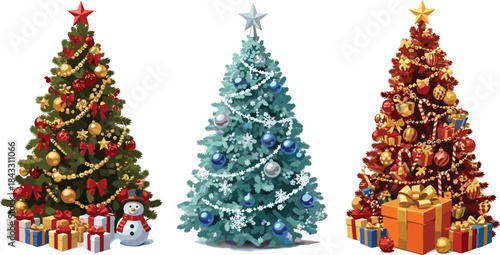 Three Festive Christmas Trees Decorated with Ornaments, Lights, and Gifts, Ready for the Holiday Season and Winter Celebrations, Vector Illustration