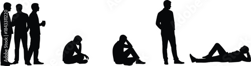 Various black silhouettes of men standing, sitting, and lying down, depicting different human poses, relaxation, casual social gathering, and a diverse range of postures.
