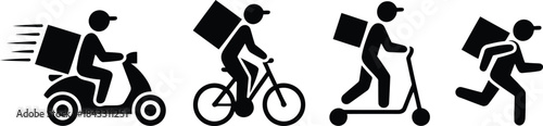Various black silhouette icons representing modern package delivery methods for quick urban transportation