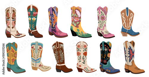 Collection of different decorative western cowboy boots with floral and geometric patterns.  Colorful flat vector illustrations isolted on transparent background.