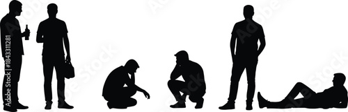 Various black silhouettes of men standing, squatting, and lying down in casual social settings, depicting male relaxation, leisure, conversation, and diverse human postures.