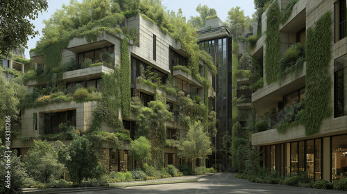 Modern ecological residential complex, buildings with dense greenery on facades and balconies, quiet livable environment