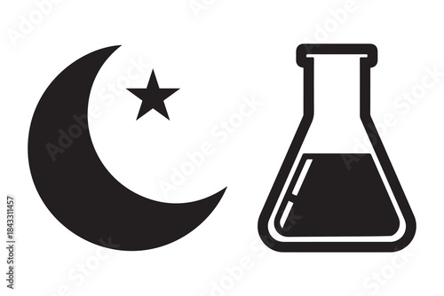 Black silhouette of a crescent moon with a star next to a laboratory flask filled with liquid isolated on white background