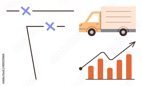 Route map planning with marked locations, delivery truck, and upward trending sales graph. Ideal for logistics, transportation, delivery services, supply chain, business strategy, fleet management