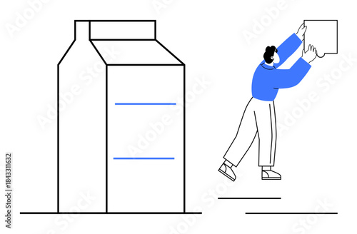 Packaging concept. Person engaging with product packaging, large carton illustration s branding . Packaging for product marketing, branding strategies, consumer goods, e-commerce, sustainability