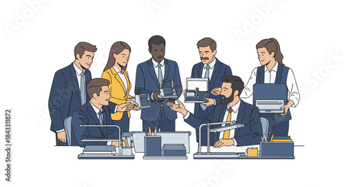 Diverse group of business professionals collaborating and sharing ideas in an office setting.