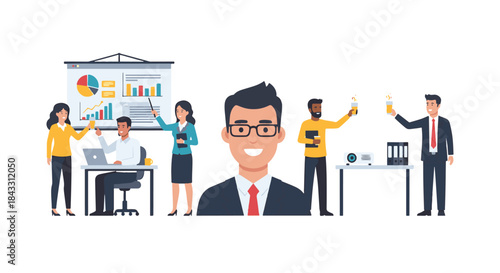 Diverse group of business professionals celebrating success with presentations and beverages