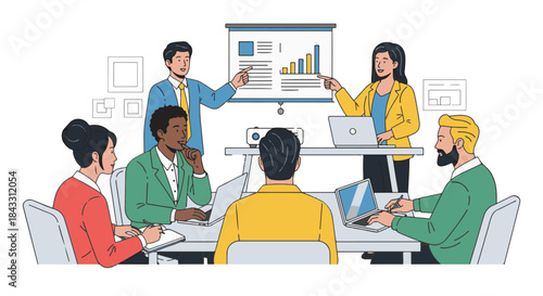 Diverse group of business professionals attending a presentation with charts and graphs