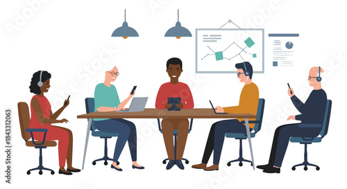 Diverse group of business people working together in an office environment using technology