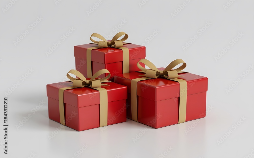 Fototapeta premium Three red gift boxes with gold ribbon isolated on white background