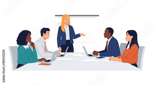 Diverse group of business people in a modern office meeting discussing ideas and strategies