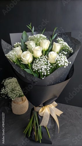 White flowers bouquet wrapped in black paper; beautiful white flowers