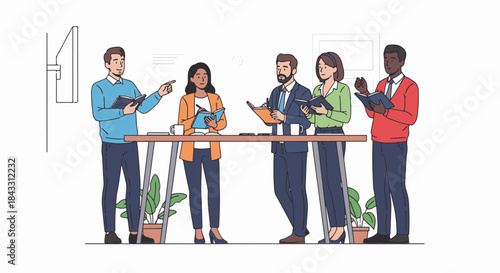 Diverse group of business people in a meeting taking notes and discussing ideas together