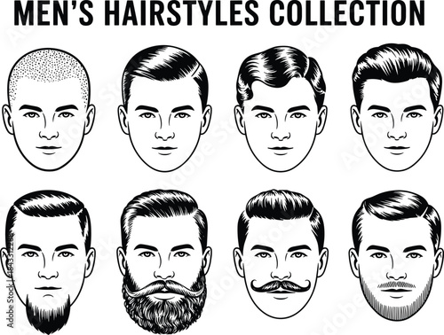 Men's hairstyles and facial hair collection featuring various haircuts fades beards and mustaches in black and white line art for barber shop branding vector