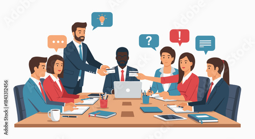 Diverse group of business people exchanging cards during a meeting at the conference table