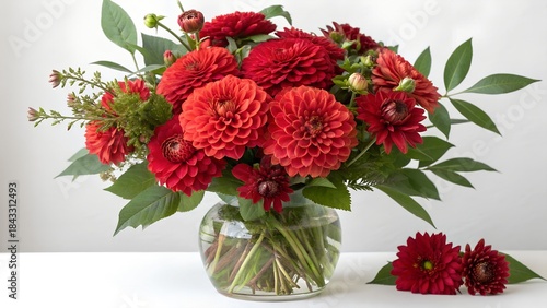 Bouquet of red flowers with green leaves in a glass vase.