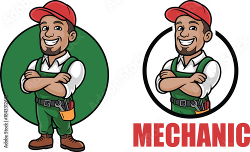 Friendly cartoon mechanic mascot in green overalls and red cap with arms crossed for auto repair garage service and professional handyman logo vector