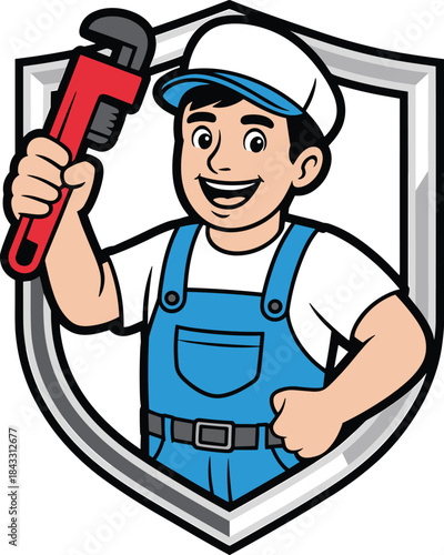 Cheerful cartoon plumber mascot character wearing blue overalls and holding a red pipe wrench inside a silver shield frame for plumbing service logo vector