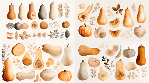 Watercolor squash collection with butternut, pumpkins, slices, seeds, and rustic botanical elements. Warm autumn vegetable illustration with natural tones.