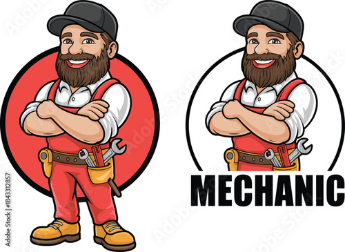 Friendly male mechanic mascot with a brown beard wearing red overalls and black cap with arms crossed for automotive repair service branding vector