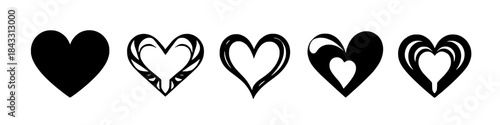Set of black heart icons combining solid fills and abstract decorative shapes isolated on white background for love romance valentine wedding and graphic design