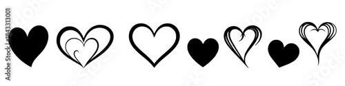 Collection of black heart icons featuring solid fills and elegant hand drawn line art isolated on white background for love romance valentine and graphic design