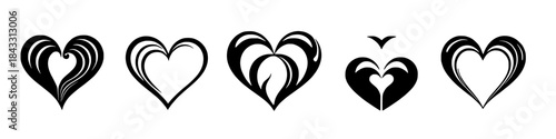 Set of artistic black heart icons featuring flowing abstract curves and decorative shapes isolated on white background for love romance valentine and creative graphic design