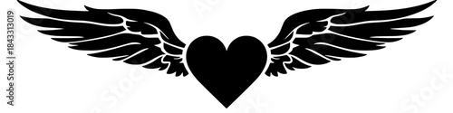 Black winged heart silhouette with detailed angel wings representing love freedom romance and emotion isolated on white background