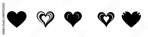 Set of black heart icons featuring solid fills and subtle abstract cut and inner shapes isolated on white background for love romance valentine and graphic design