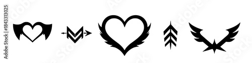 Black winged heart and arrow symbols in a clean minimalist vector style representing love freedom romance and direction isolated on white background