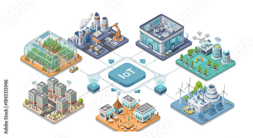 Isometric Vector Smart City with IoT Technology, Industry, Urban Infrastructure, Retail and Agriculture Sectors Vector Illustration