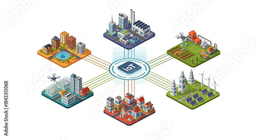 Isometric Smart City Infographic with IoT Technology, Industry, Urban Infrastructure, Retail and Agriculture Sectors Vector Illustration