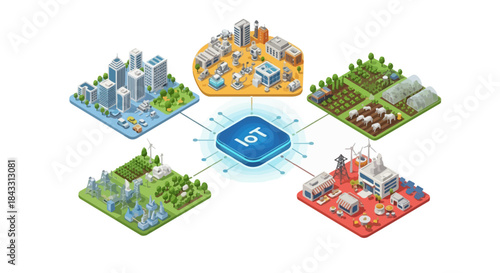 Isometric Smart City with IoT Technology, Industry, Urban Infrastructure, Retail and Agriculture Sectors Vector Illustration