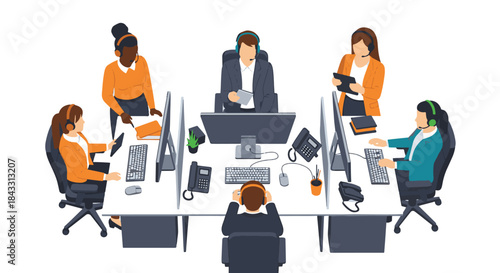 Diverse customer service representatives working at a call center in a modern office setting