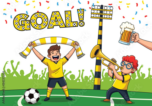 Happy soccer fans celebrating a goal in a stadium with confetti a scarf trumpet beer and stadium lights for sports championship vector illustration